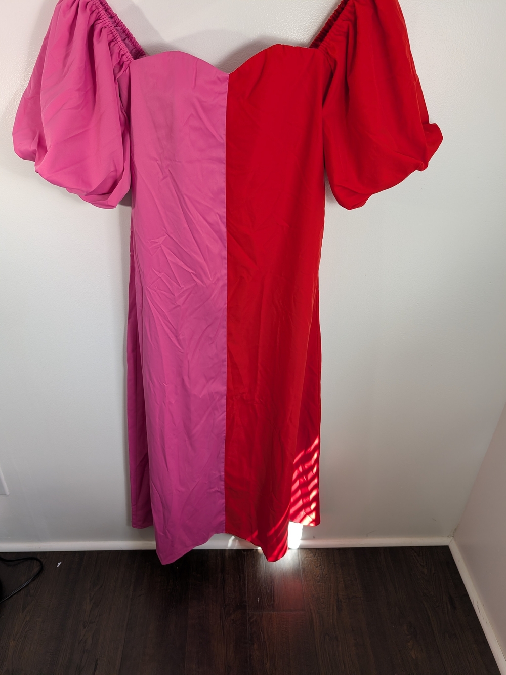 CROSBY by Mollie Burch Color Block Pink and Red Puff-Sleeve Midi Dress